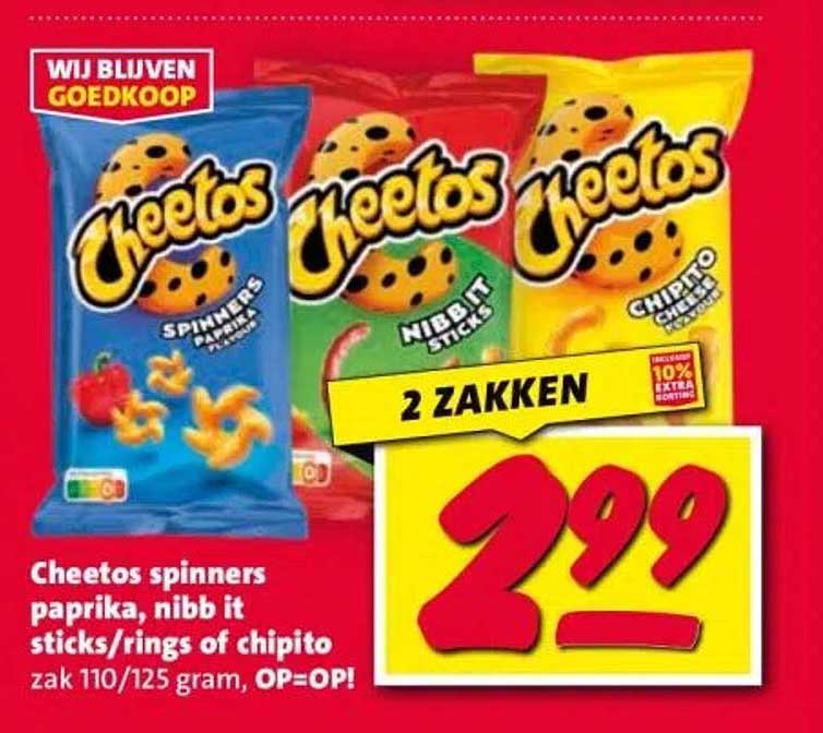 Cheetos spinners paprika, nibb it sticks/rings of chipito zak 110/125 gram