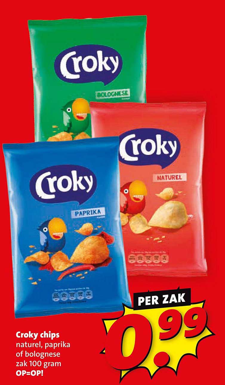 Croky chips naturel, paprika of bolognese zak 100 gram OP=OP!
