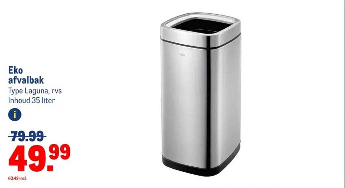 Eko afvalbak Type Laguna, rvs Inhoud 35 liter