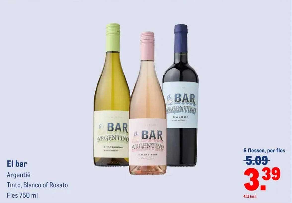 El bar Argentinië Tinto, Blanco of Rosato Fles 750 ml
