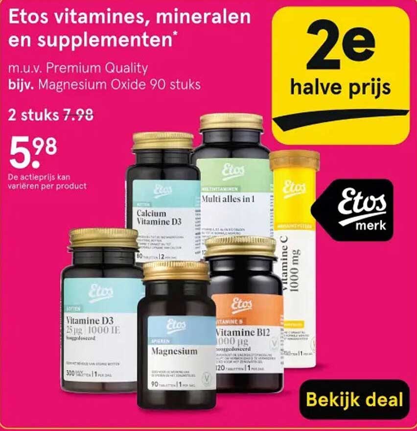 Etos vitaminen, mineralen en supplementen* m.u.v. Premium Quality bijv. Magnesium Oxide 90 stuks
