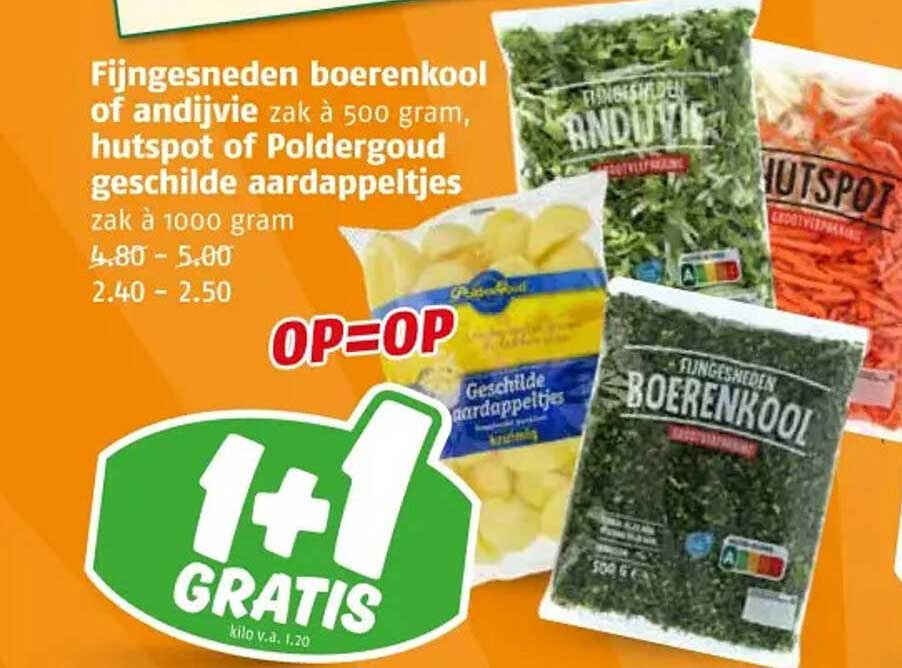 Fijngesneden boerenkool of andijvie zak à 500 gram, hutspot of Poldergoud geschilde aardappeltjes zak à 1000 gram