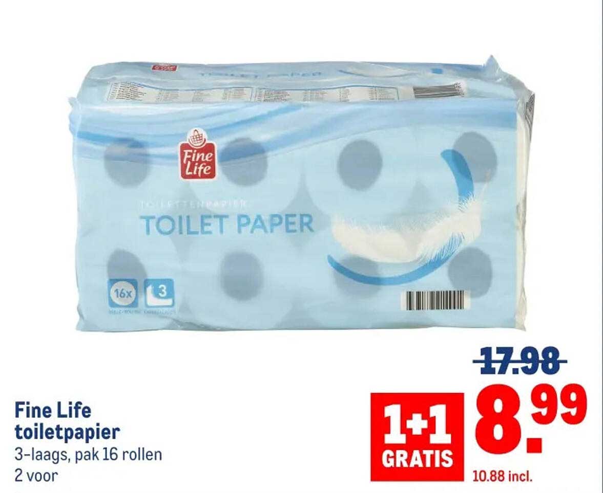 Fine Life toiletpapier 3-laags, pak 16 rollen 2 voor