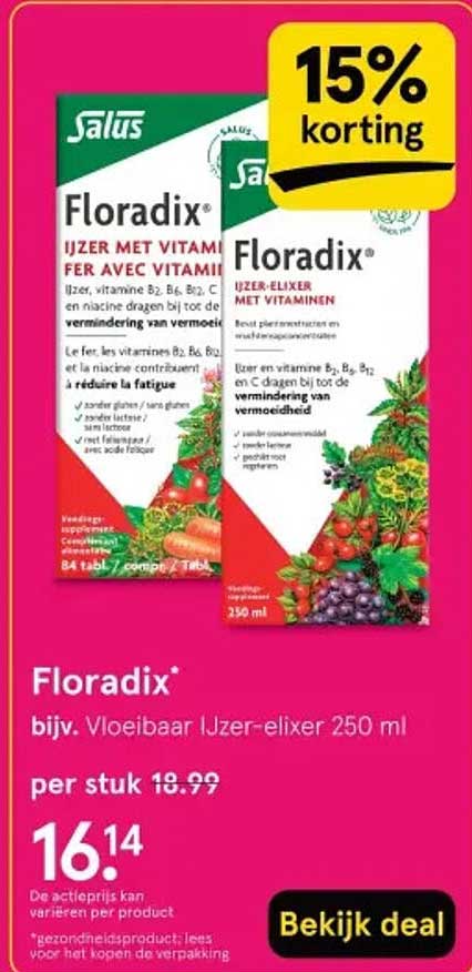 Floradix* bijv. Vloeibaar Ijzer-elixer 250 ml