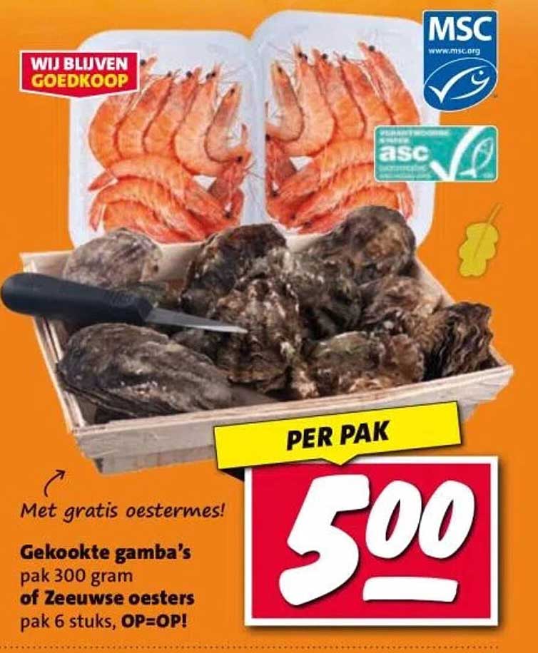 Gekookte gamba's pak 300 gram of Zeeuwse oesters pak 6 stuks, OP=OP!