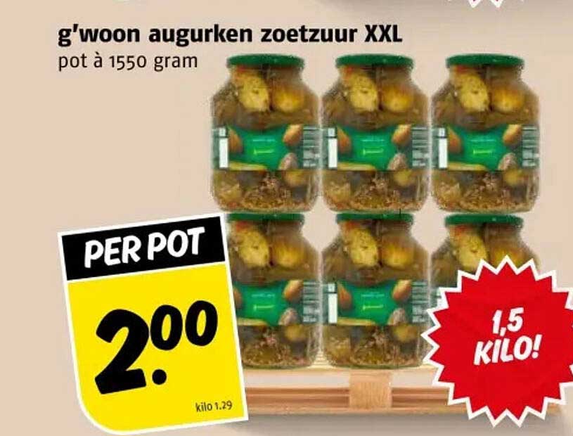 g'woon augurken zoetzuur XXL pot à 1550 gram