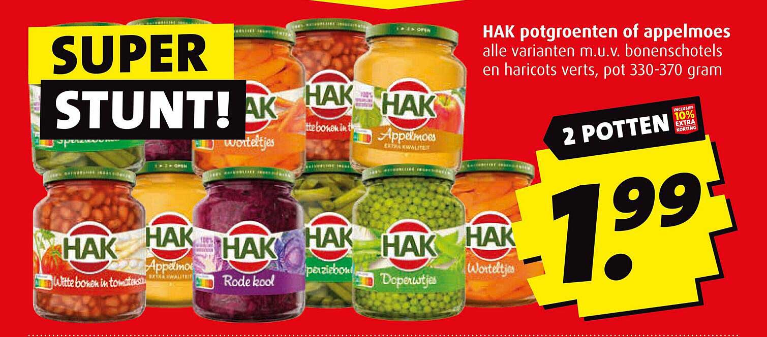 HAK potgroenten of appelmoes 2 potten voor 1,99