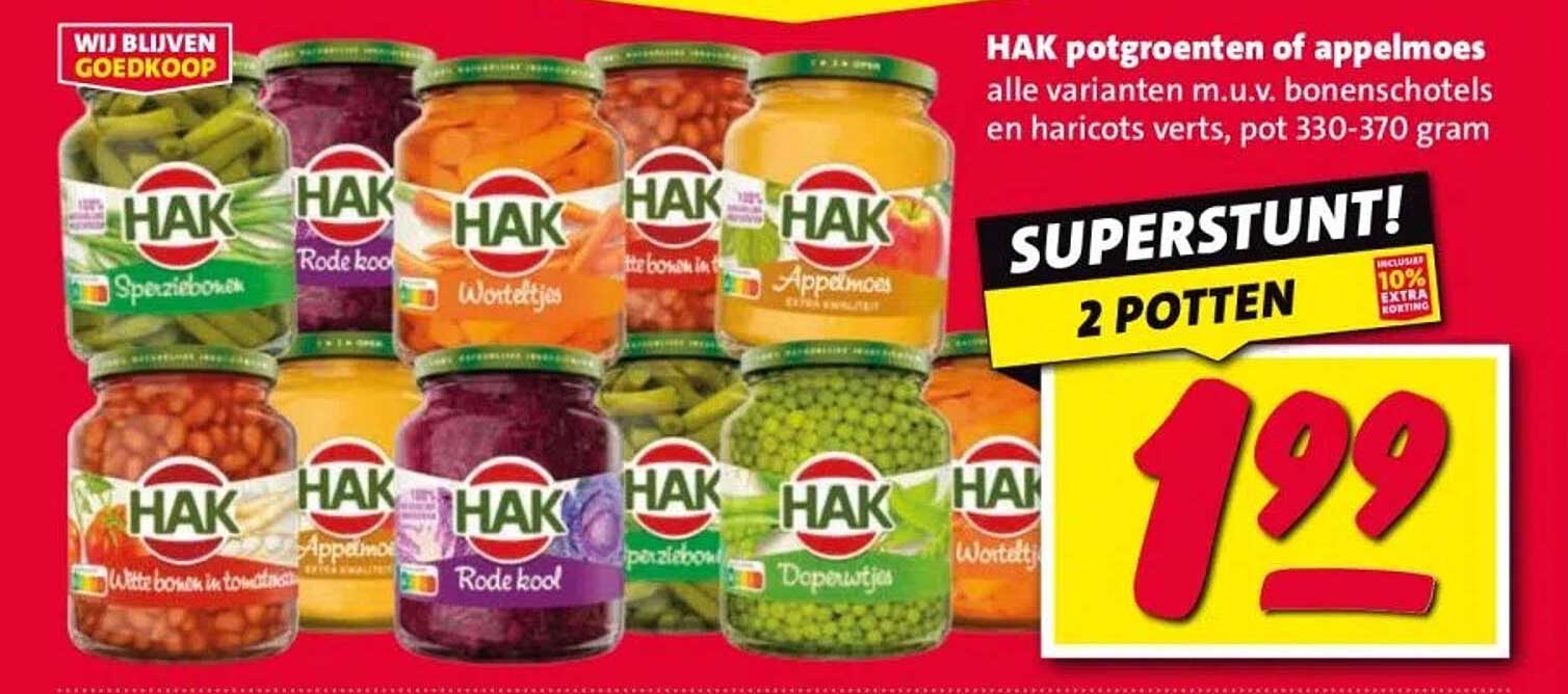 HAK potgroenten of appelmoes alle varianten m.u.v. bonenschotels en haricots verts, pot 330-370 gram