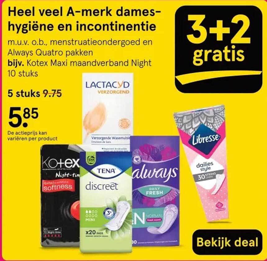 Heel veel A-merk dames-hygiëne en incontinentie m.u.v. o.b., menstruatieondergoed en Always Quatro pakken bijv. Kotex Maxi maandverband Night 10 stuks