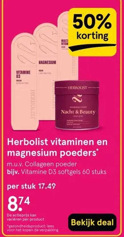 Herbolist vitamines en magnesium poeders* m.u.v. Collagen poeder bijv. Vitamine D3 softgels 60 stuks