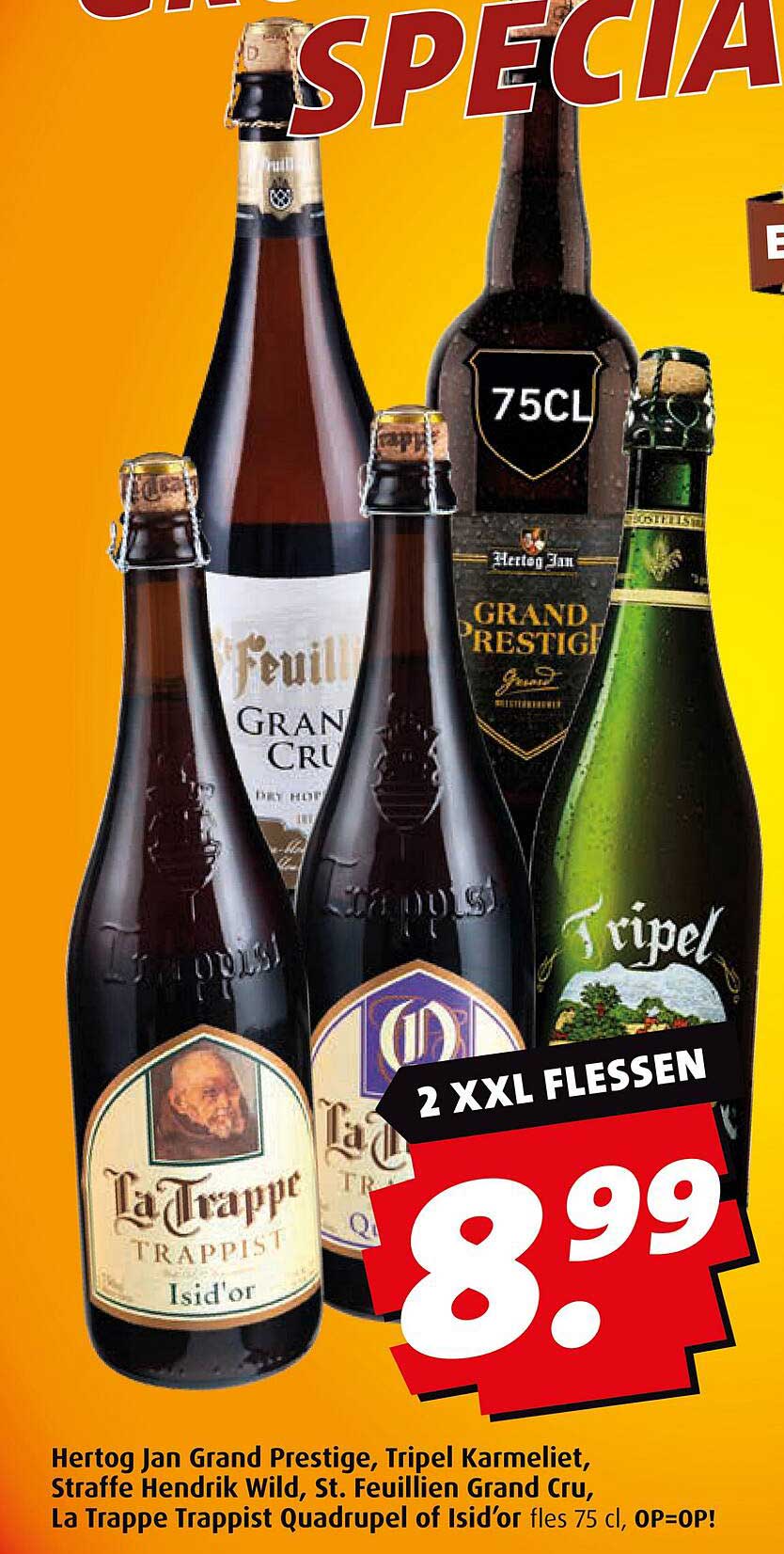 Hertog Jan Grand Prestige, Tripel Karmeliet, Straffe Hendrik Wild, St. Feuillien Grand Cru, La Trappe Trappist Quadrupel of Isid'or fles 75 cl, OP=OP!