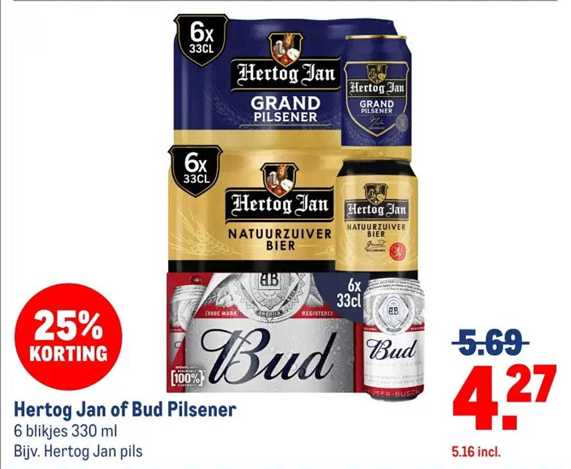 Hertog Jan of Bud Pilsener 6 blikken 330 ml