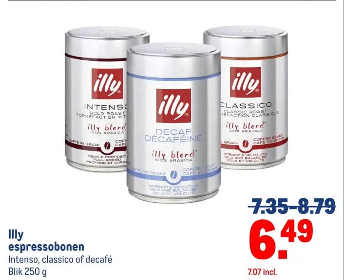 Illy espressobonen Intenso, classico of decafé Blik 250 g