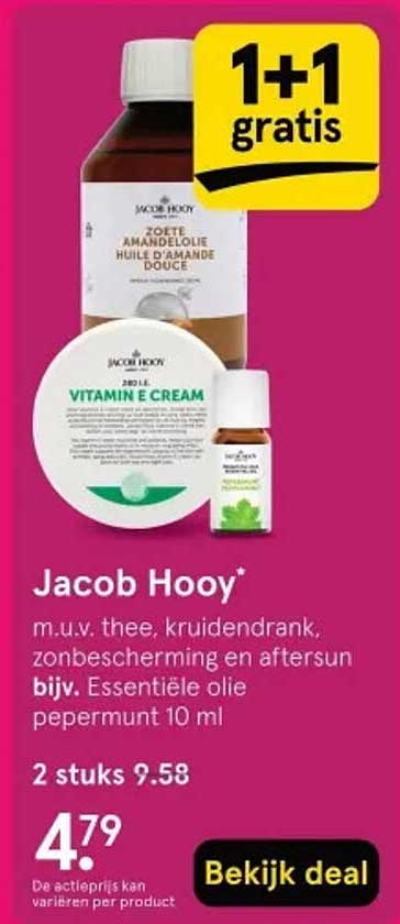 Jacob Hooy Zoete Amandelolie & Essentiele Olie Pepermunt 10 ml - 1+1 gratis