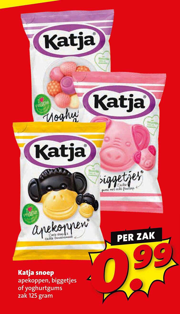 Katja snoep apenkoppen, biggetjes of yoghurtgums zak 125 gram
