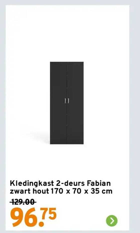 Kledingkast 2-deurs Fabian zwart hout 170 x 70 x 35 cm
