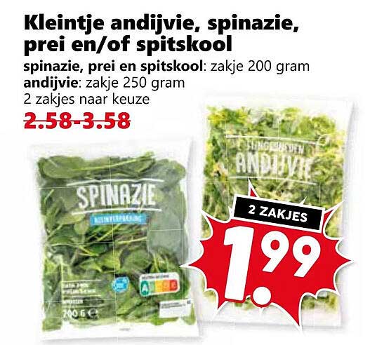 Kleintje andijvie, spinazie, prei en/of spitskool