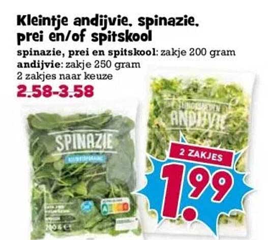 Kleintje andijvie, spinazie, prei en/of spitskool