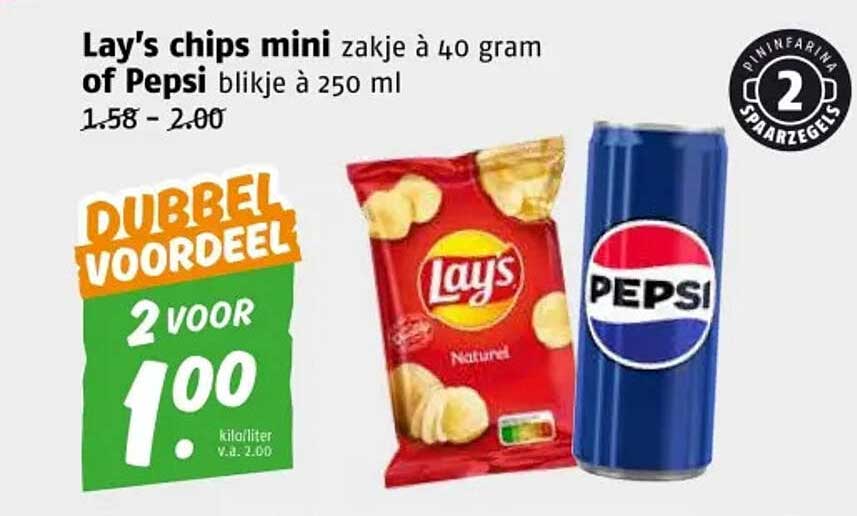 Lay's chips mini zakje à 40 gram of Pepsi blijk aan 250 ml