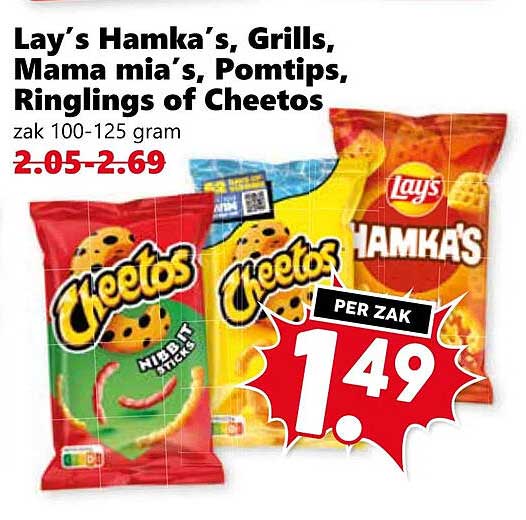 Lay’s Hamka’s, Grills, Mama mia’s, Pomtips, Ringlings of Cheetos zak 100-125 gram