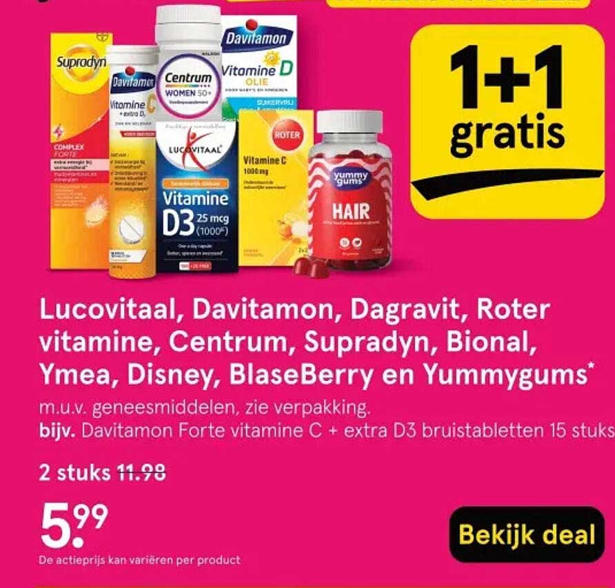 Lucovitaal, Davitamon, Dagavit, Roter vitamine, Centrum, Supradyn, Bional, Ymea, Disney, BlaseBerry en Yummygums