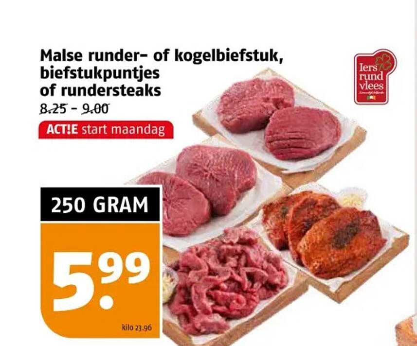 Malse runder- of kogelbiefstuk, biefstukpuntjes of rundersteaks