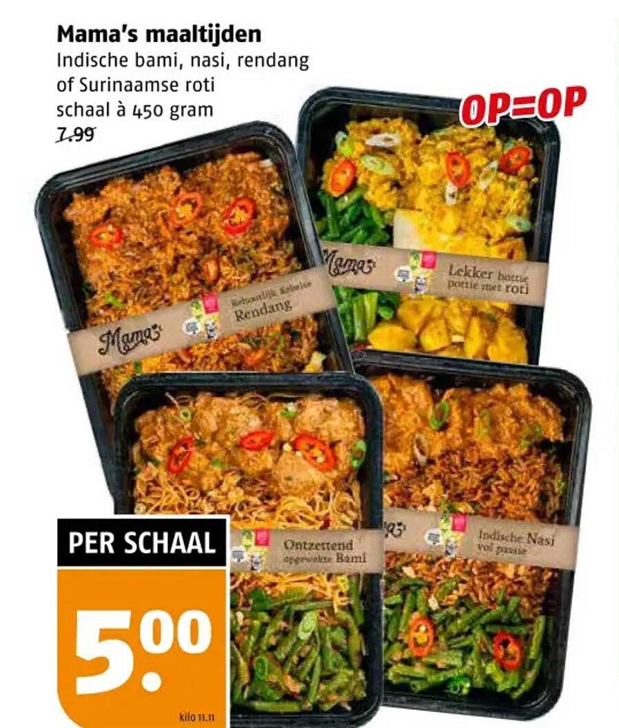 Mama's maaltijden Indische bami, nasi, rendang of Surinaamse roti schaal à 450 gram