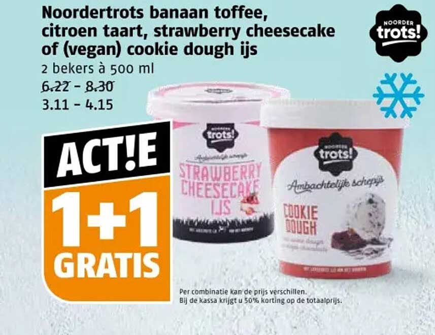 Noordertrots banaan toffee, citroen taart, strawberry cheesecake of (vegan) cookie dough ijs
