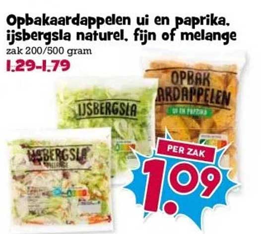 Opbakaardappelen ui en paprika, ijsbergsla naturel, fijn of melange