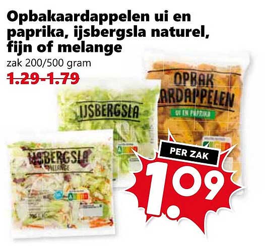 Opbakaardappelen ui en paprika, ijssla nature, fijn of melange