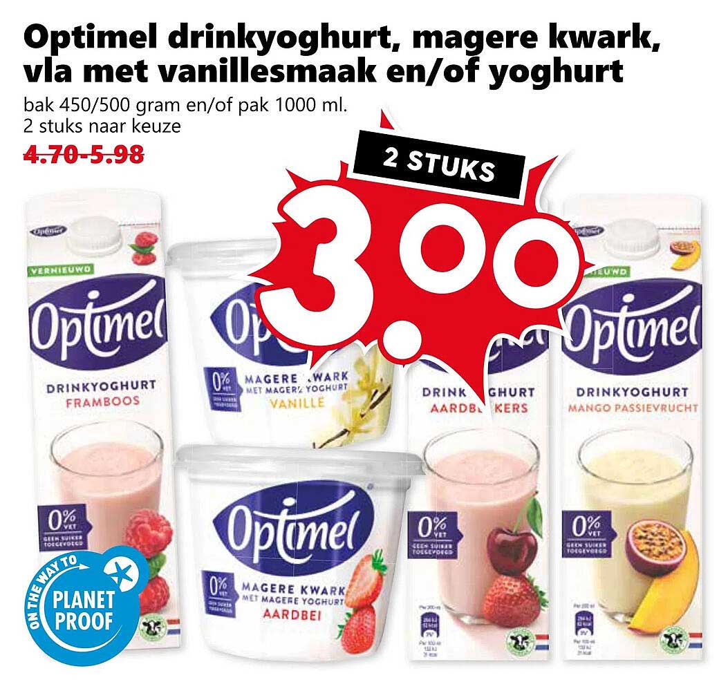 Optimel drinkyoghurt, magere kwark, vla met vanillesmaak en/of yoghurt