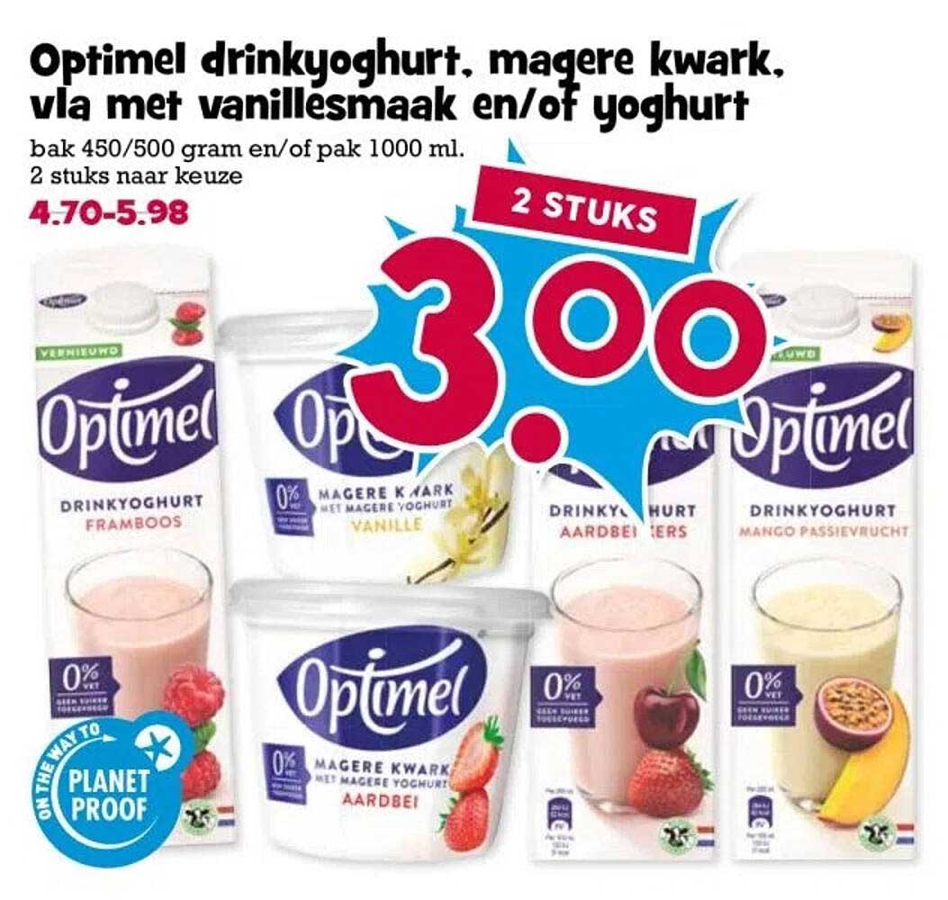Optimel drinkyoghurt, magere kwark, vla met vanillesmaak en/of yoghurt