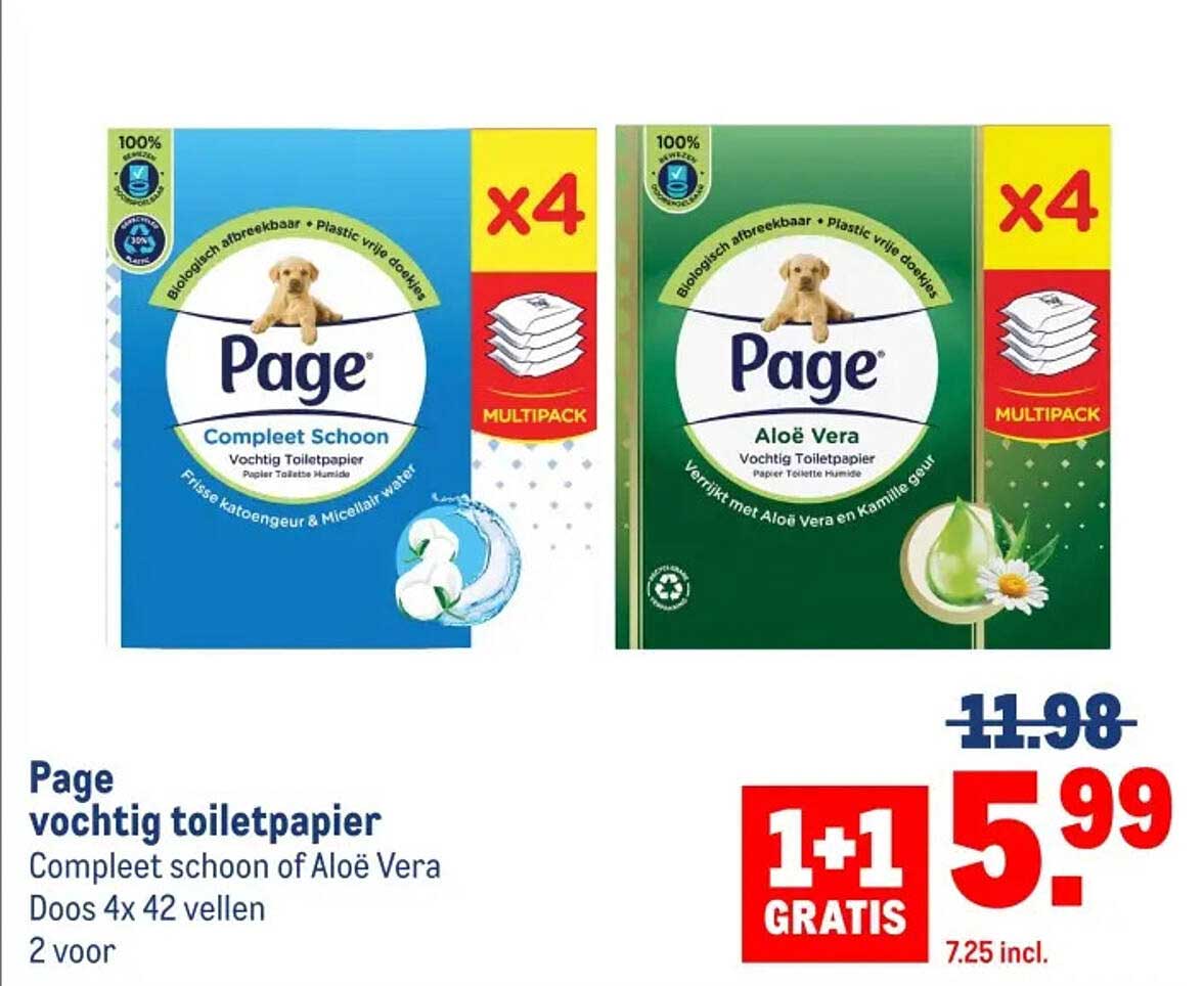 Page vochtig toiletpapier Compleet schoon of Aloë Vera Doos 4x 42 vellen 2 voor