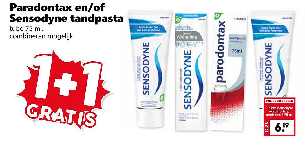 Parodontax en/of Sensodyne tandpasta 75 ml. tube 1+1 GRATIS