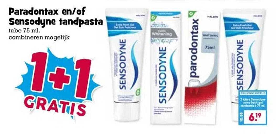 Parodontax en/of Sensodyne tandpasta tube 75 ml. 1+1 GRATIS