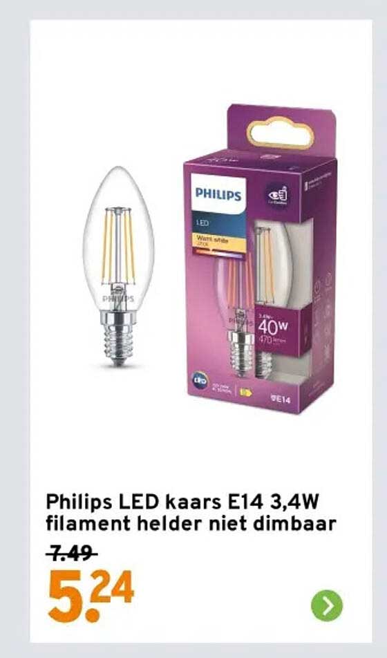 Philips LED kaars E14 3,4W filament helder niet dimbaar