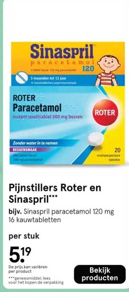 Pijnstillers Roter en Sinaspril*** bijv. Sinaspril paracetamol 120 mg 16 kauwtabletten
