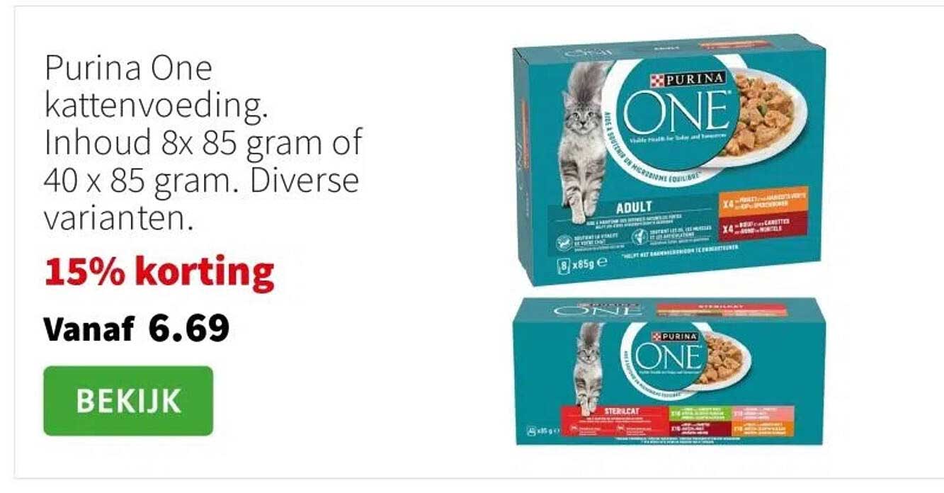 Purina One kattenvoeding. Inhoud 8x 85 gram of 40 x 85 gram. Diverse varianten.