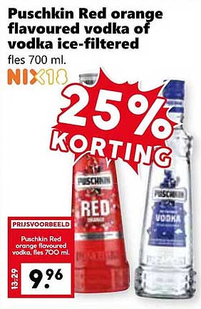 Puschkin Red orange flavoured vodka of vodka ice-filtered fles 700 ml.