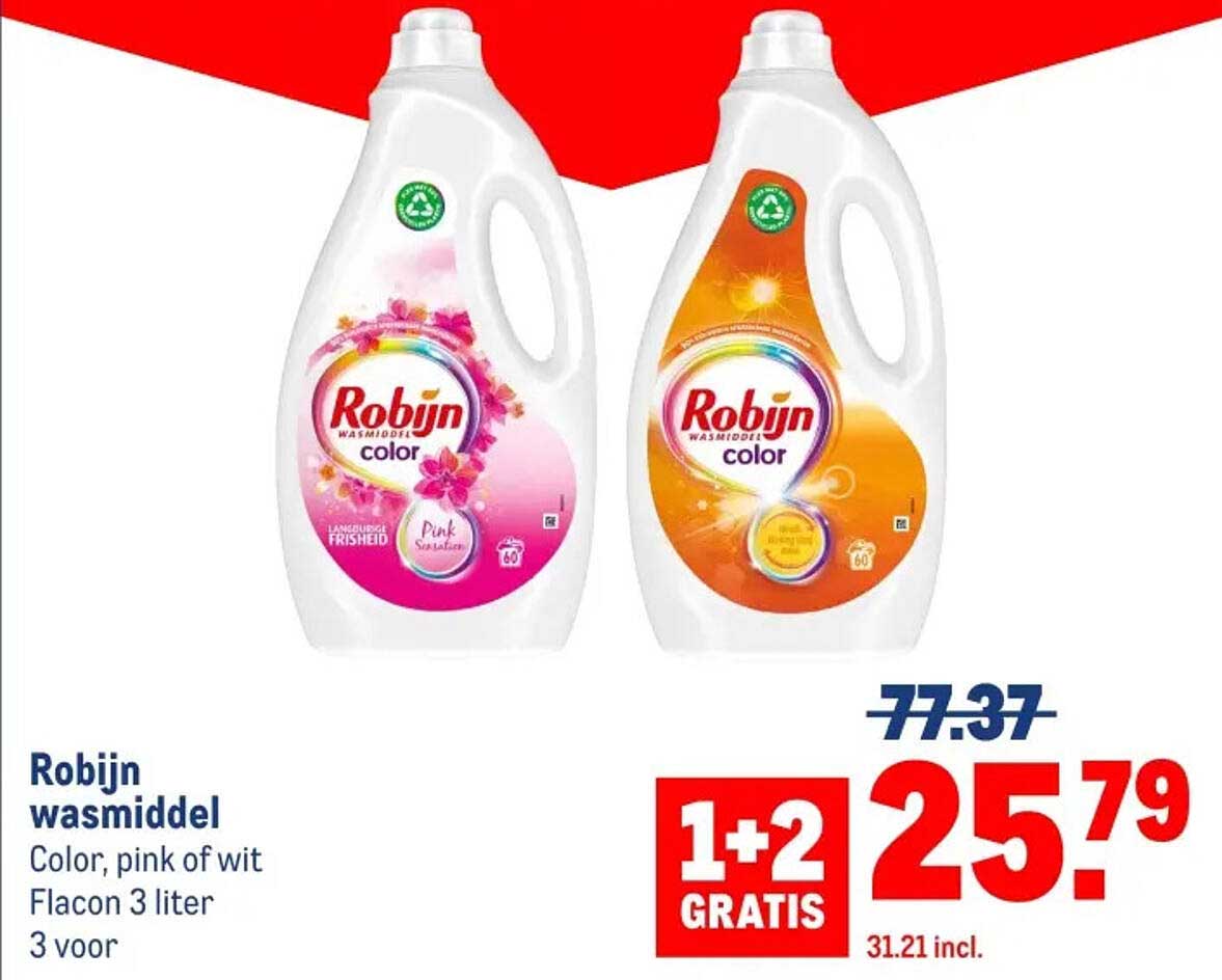 Robijn wasmiddel Color, pink of wit Flacon 3 liter 3 voor