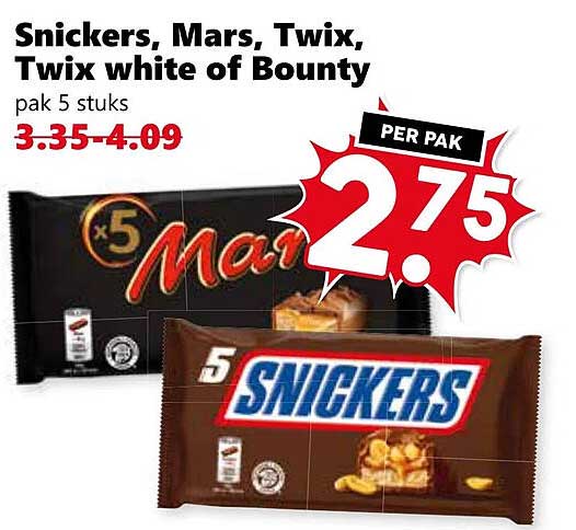 Snickers, Mars, Twix, Twix white of Bounty pak 5 stuks