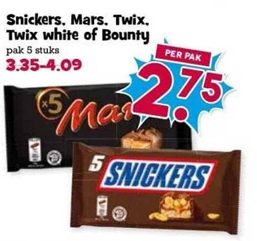 Snickers, Mars, Twix, Twix white of Bounty pak 5 stuks