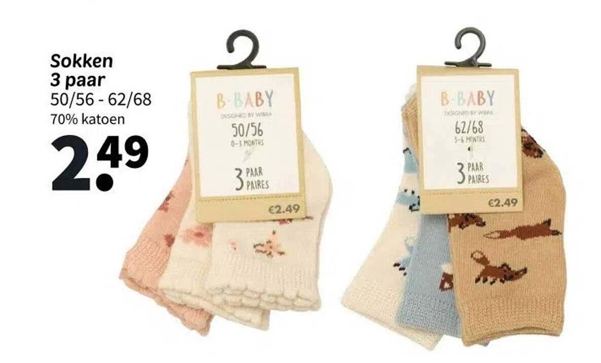 Sokken 3 paar 50/56 - 62/68 70% katoen