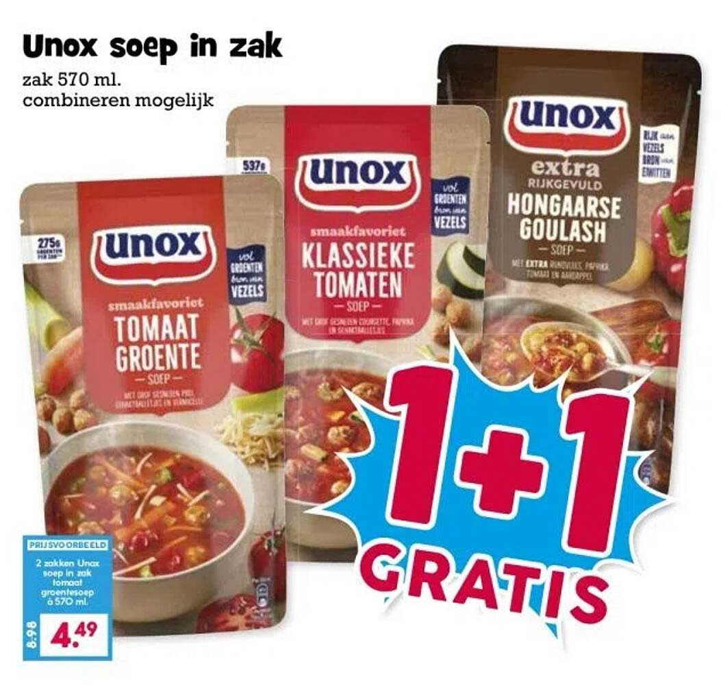 Unox soep in zak 1+1 gratis