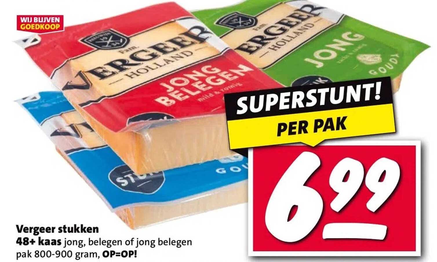 Vergeer stukken 48+ kaas jong, belegen of jong belegen pak 800-900 gram, OP=OP!