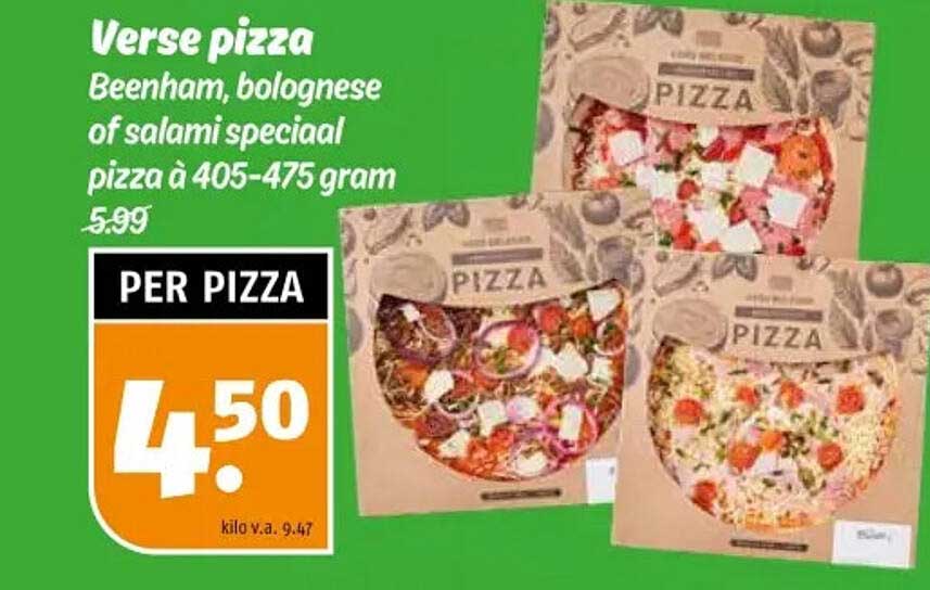 Verse pizza Beenham, bolognese of salami speciaal pizza à 405-475 gram