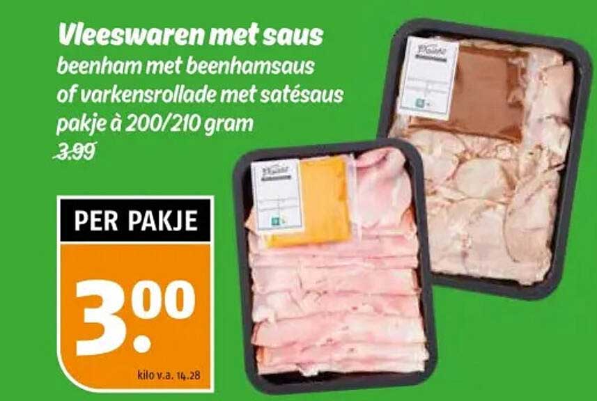 Vleeswaren met saus beenham met beenhamsaus of varkensrollade met satésaus pakje à 200/210 gram