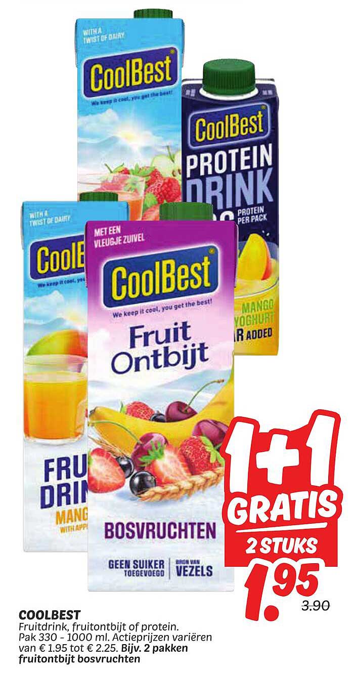 COOLBEST Fruitedrank, fruitontbijt of protein. 2 pakken voor slechts 1,95