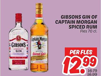 GIBSON'S GIN OF CAPTAIN MORGAN SPICED RUM Fles 70 cl.