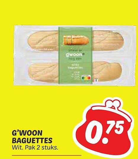 G'woon Baguettes Wit. Pak 2 stuks.